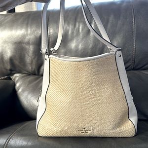 KATE SPADE LEILA STRAW MEDIUM TRIPLE COMPARTMENT SATCHEL BAG PARCHMENT MULTI.